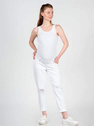 Белые джинсы-бойфренды для беременных с резинкой под живот